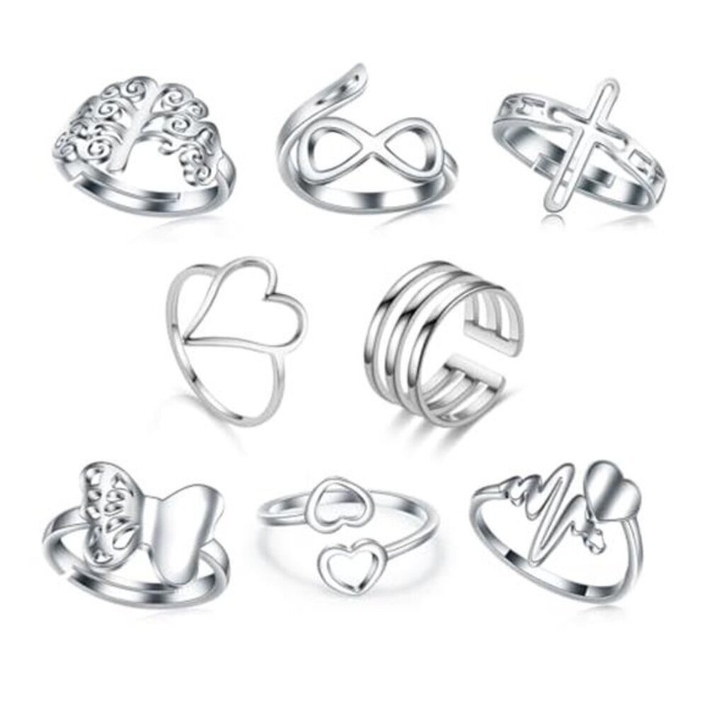 Silver Rings Set 8 Pack Stainless Steel for Women Silver Aesthetic Jewelry